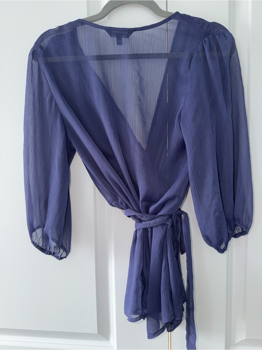 Express Blue/Periwinkle Sheer Wrap Blouse Size M Smocked Waist Tie | Peplum - Picture 4 of 7